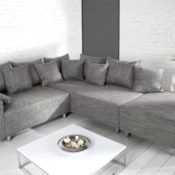 Design Ecksofa mit Hocker LOFT Strukturstoff grau Federkern Sofa OT beidseitig aufbaubar