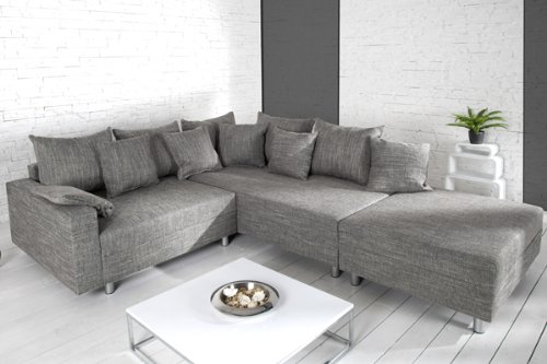 Design Ecksofa mit Hocker LOFT Strukturstoff grau Federkern Sofa OT beidseitig aufbaubar
