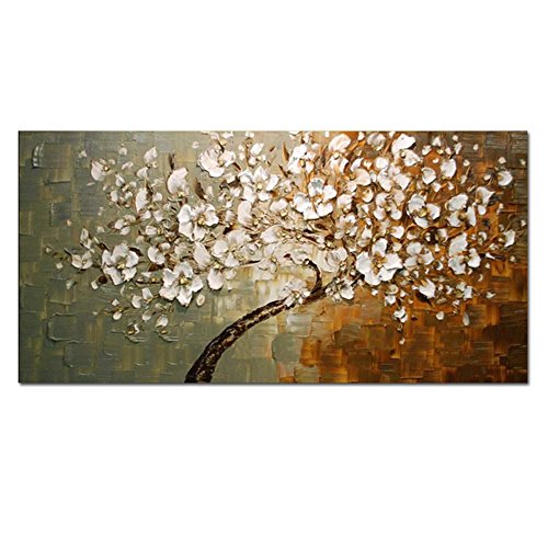 H.COZY Thick Ölbild Handgemaltes modernes Home Decor Wohnzimmer Halle Wall Art Bild weiße Blumen-Farben-Paletten-Messer-Ölgemälde auf Leinwand (ohne Rahmen)