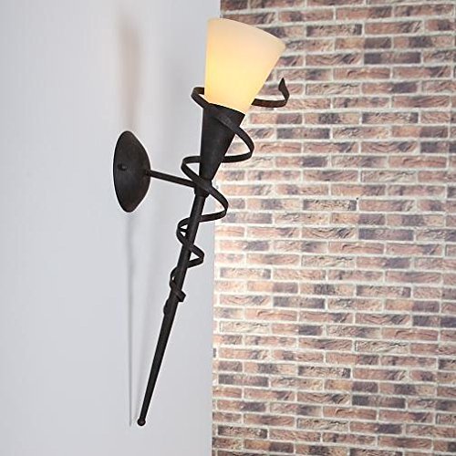 Wandfackel für stimmungsvolles Licht | 59cm Höhe | Lampenglas cremefarben gesandet | Wandleuchte Spirale rost-braun antik