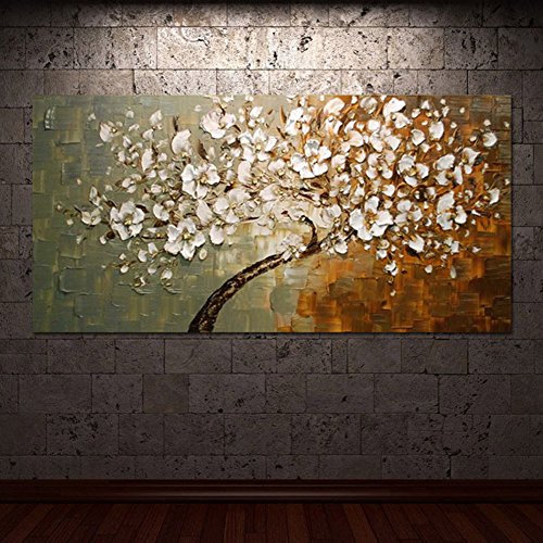 H.COZY Thick Ölbild Handgemaltes modernes Home Decor Wohnzimmer Halle Wall Art Bild weiße Blumen-Farben-Paletten-Messer-Ölgemälde auf Leinwand (ohne Rahmen)3
