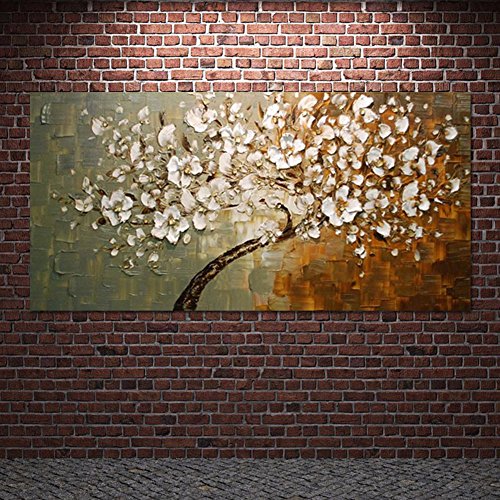 H.COZY Thick Ölbild Handgemaltes modernes Home Decor Wohnzimmer Halle Wall Art Bild weiße Blumen-Farben-Paletten-Messer-Ölgemälde auf Leinwand (ohne Rahmen)2