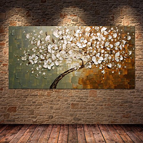 H.COZY Thick Ölbild Handgemaltes modernes Home Decor Wohnzimmer Halle Wall Art Bild weiße Blumen-Farben-Paletten-Messer-Ölgemälde auf Leinwand (ohne Rahmen)1