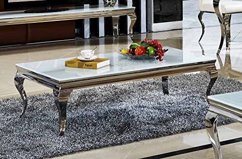 Couchtisch Wohnzimmertisch Luxus Aura 130 x 70 x 42 cm Weiß Barock stil Tisch rokoko Wohnzimmer Chrom Edelstahl weiss